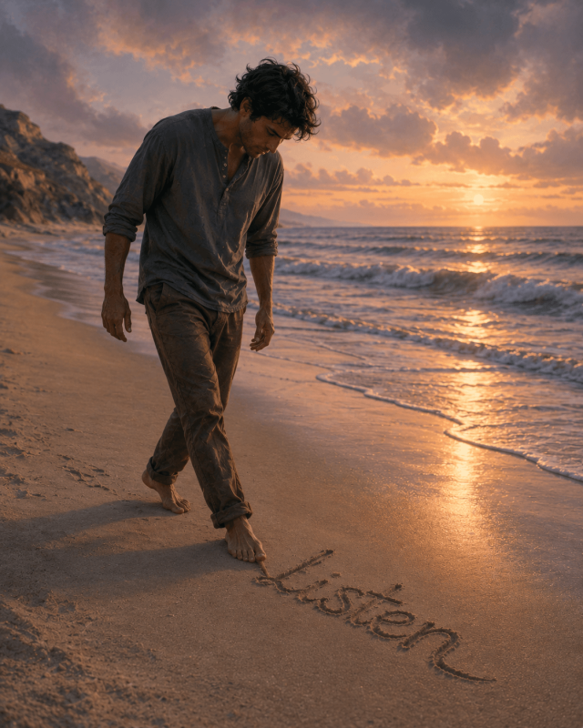 Pablo on the beach, remembering a dream and writing a word in the sand.