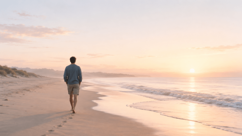A quiet beach walk at sunrise for a slow English listening story.