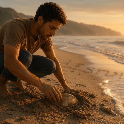 Person kneeling beside a golden bowl on a sandy beach at sunset.