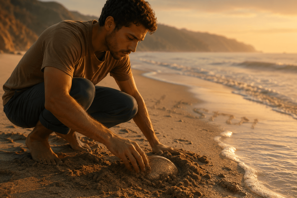 Person kneeling beside a golden bowl on a sandy beach at sunset.