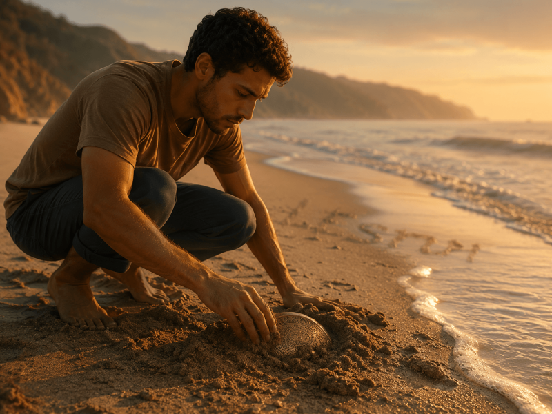 Pablo discovering a shiny bowl partly buried in the sand near the ocean